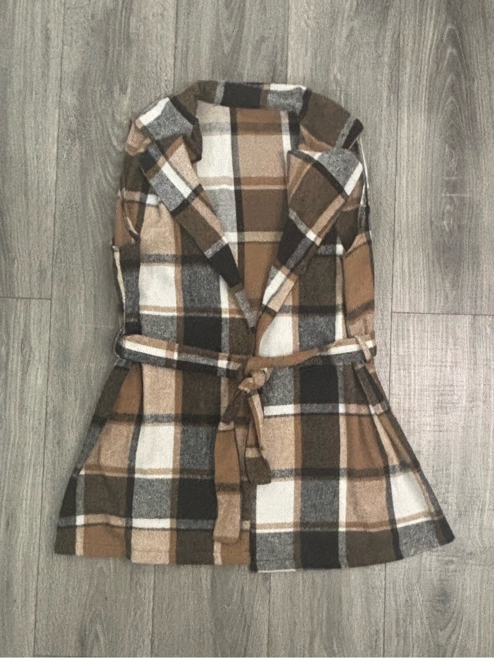 Women’s XL Plaid Belted Longline Vest Sleeveless Coat Brown Tan
